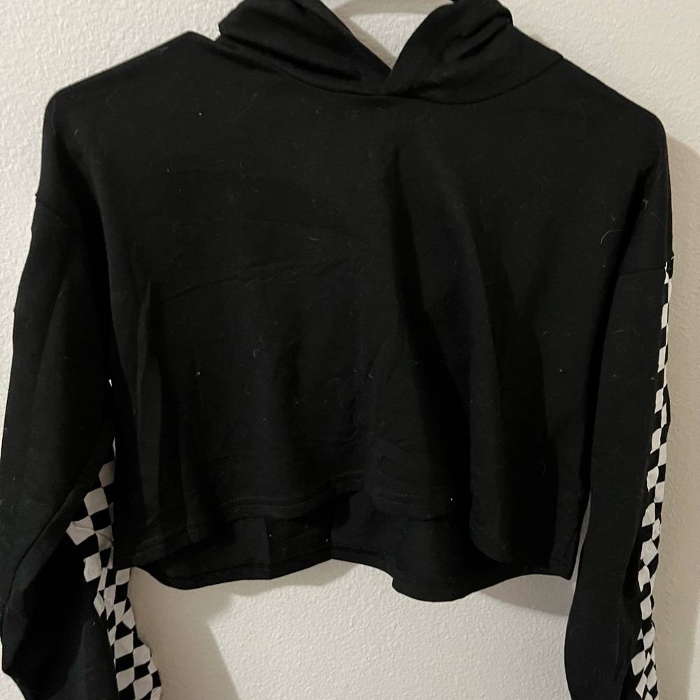 Black Cropped Hoodie with Checkered Sleeves